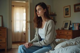Jeune femme pensive dans sa chambre modeste