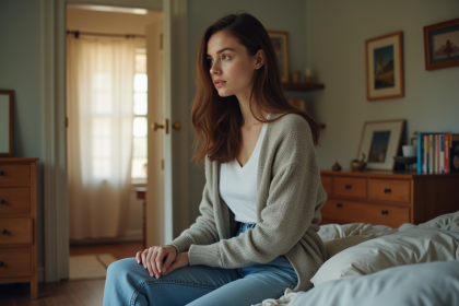 Jeune femme pensive dans sa chambre modeste