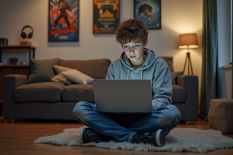 Adolescent concentré sur son ordinateur portable dans sa chambre