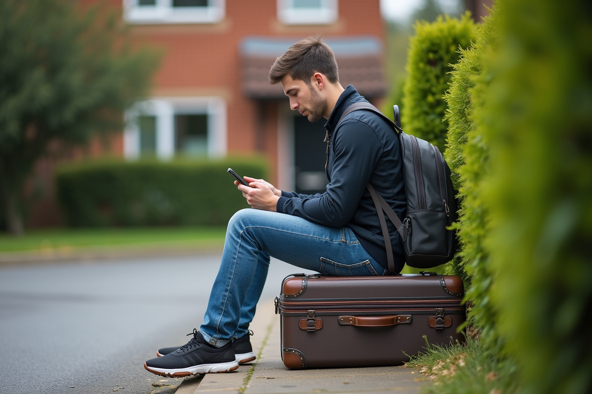 Jeune homme assis sur une valise dans une rue résidentielle
