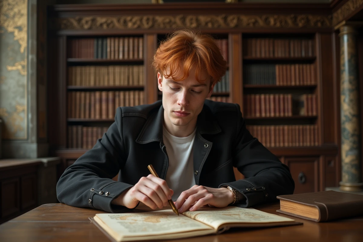 Jeune homme lisant un livre ancien dans une bibliothèque
