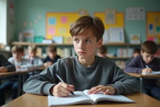 Jeune garçon en classe avec cahiers et posters colorés