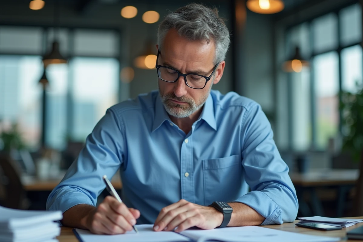 Homme journaliste en bureau lisant des notes avec sérieux