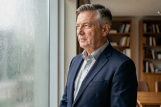 Journaliste homme élégant en veston marine regardant par une fenêtre en verre dépoli dans un appartement moderne, illustrant la vie privée et la discrétion