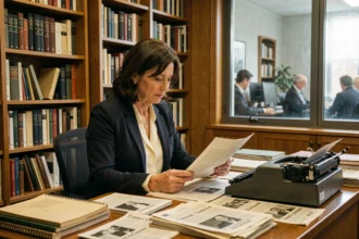 Journaliste professionnelle assise à un bureau d'édition encombré de documents et de livres de référence, illustrant la carrière et la vie intellectuelle de Judith Waintraub