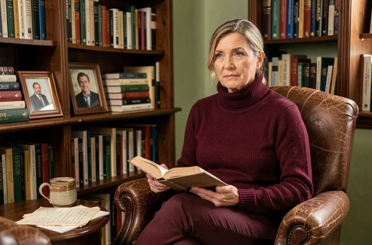 Femme écrivaine et journaliste dans une bibliothèque personnelle avec des livres et des photographies, illustrant l'équilibre entre la carrière et la vie privée de Judith Waintraub