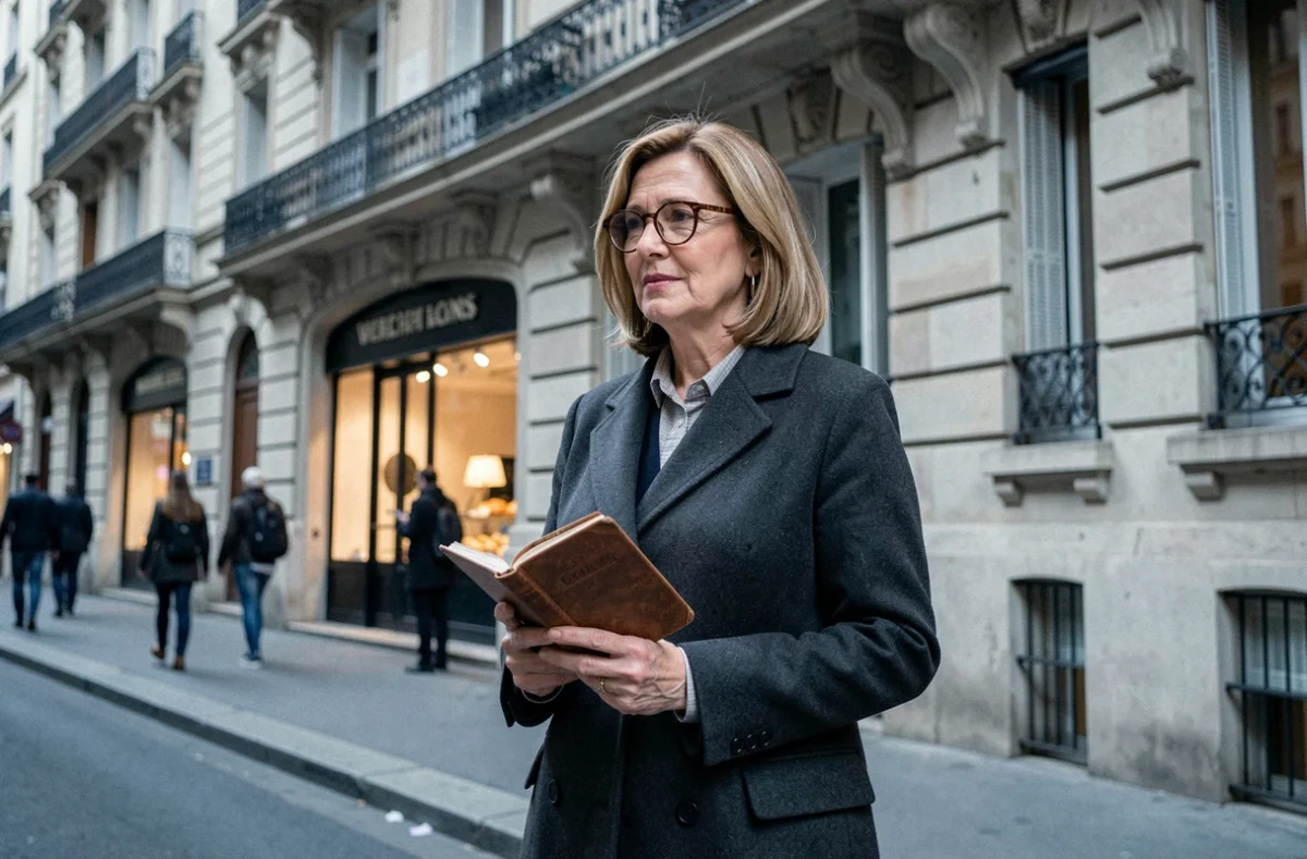 Femme journaliste debout devant un immeuble haussmannien parisien avec un carnet de notes, évoquant le parcours professionnel et la vie personnelle de Judith Waintraub à Paris