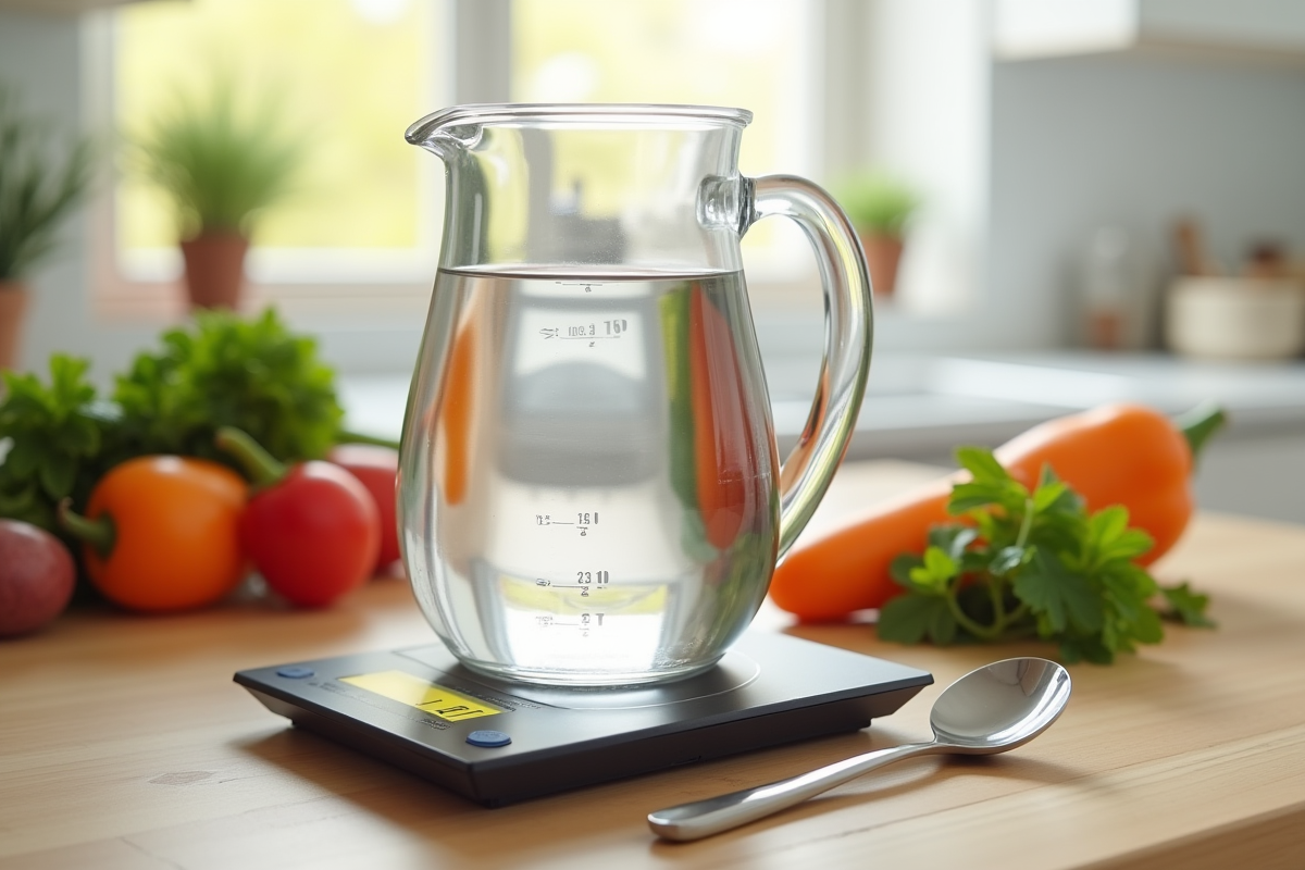 Verre doseur avec légumes frais sur une balance numérique