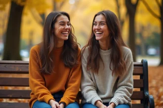Deux femmes jumelles adultes assises dans un parc en automne, illustrant l'hérédité et les jumeaux