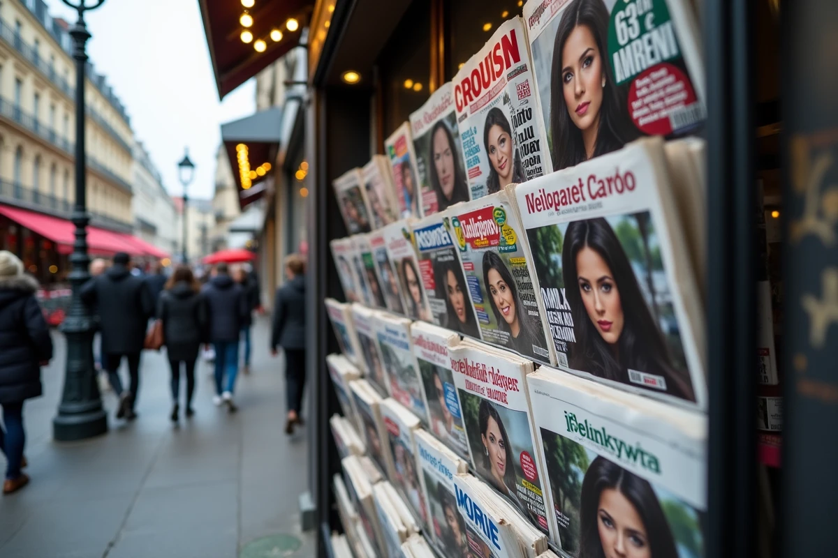 Kiosque à journaux parisien avec des couvertures de presse mettant en avant une femme politique, illustration de la surexposition médiatique