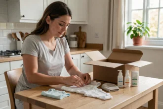 Jeune mère déballant un kit naissance gratuit avec des vêtements et produits de soin pour bébé sur une table en bois