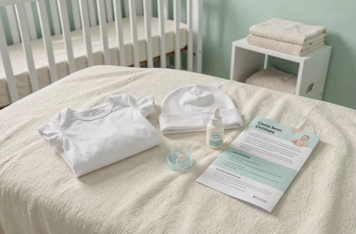Flatlay de produits et vêtements inclus dans un kit naissance gratuit pour bébé posés sur une couverture blanche dans une chambre de bébé