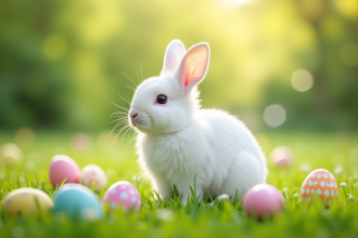 Lapin blanc dans l'herbe verte avec œufs de Pâques colorés