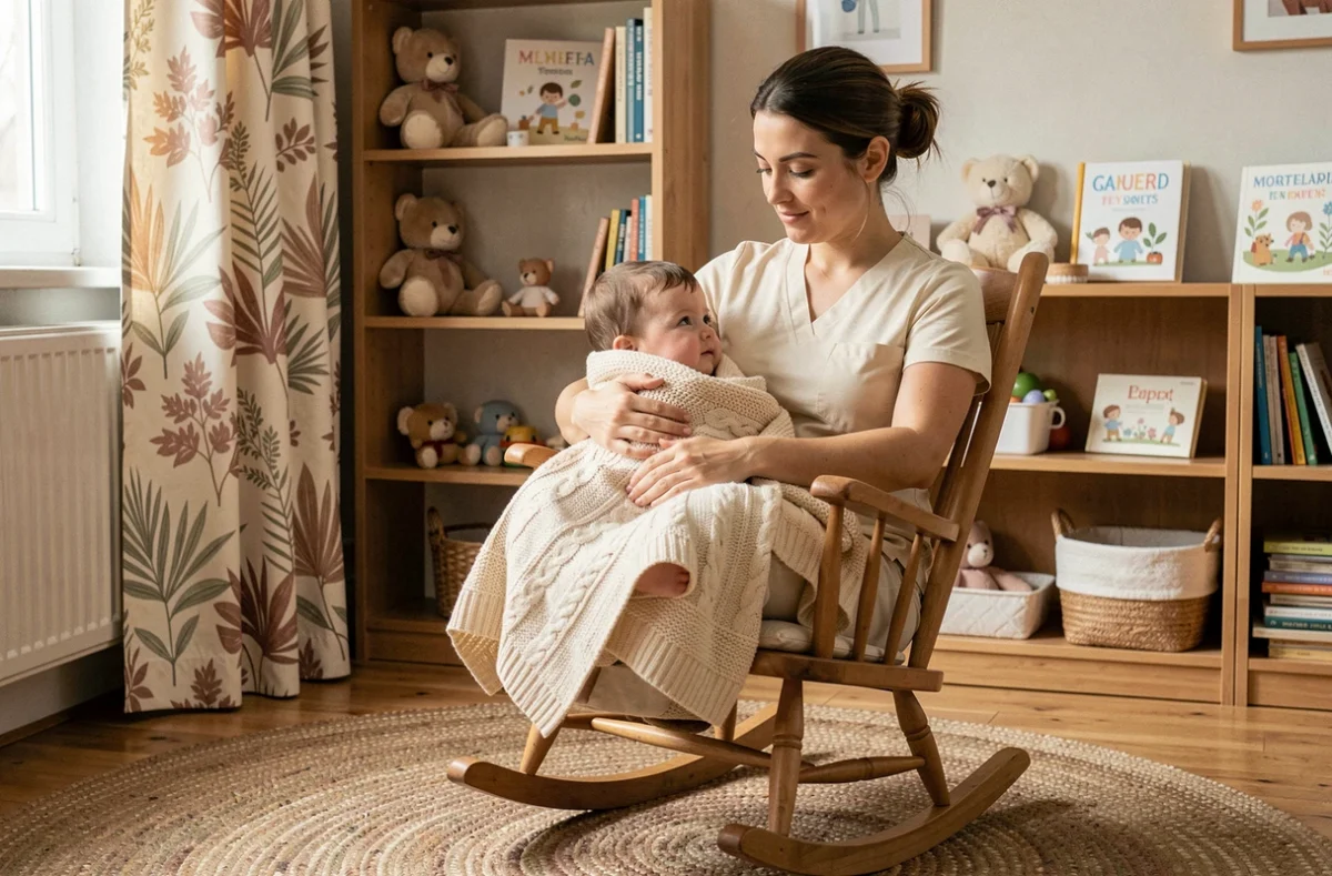 Éducatrice de la micro-crèche Le Doux Câlin Des Chérubins dans le Nord berçant tendrement un enfant dans un fauteuil à bascule en bois