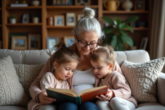 Grand-mère lisant une histoire à ses petits enfants dans le salon