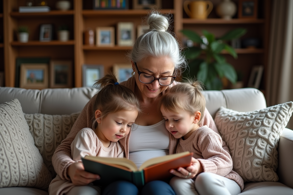 Grand-mère lisant une histoire à ses petits enfants dans le salon