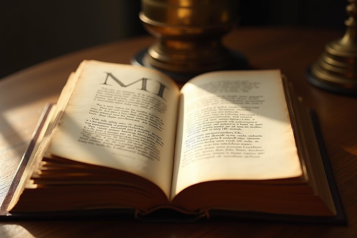 Livres anciens ouverts avec origines des noms M sur une table