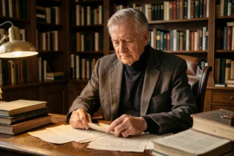 Portrait d'un auteur-compositeur québécois célèbre assis à son bureau entouré d'archives et de manuscrits de chansons