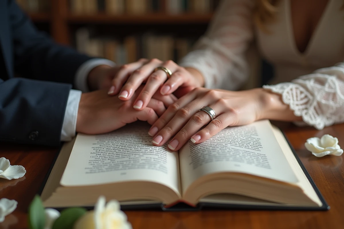 Mains avec alliances reposant sur un livre de poésie française