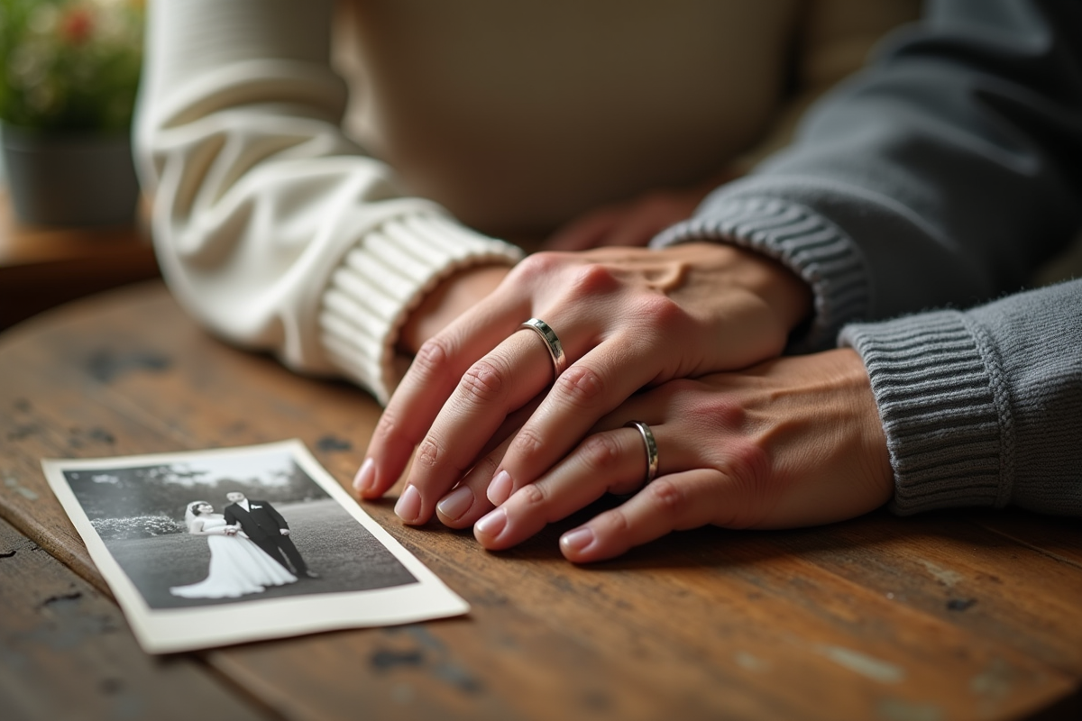 Mains entrelacees avec bagues et photo vintage de mariage