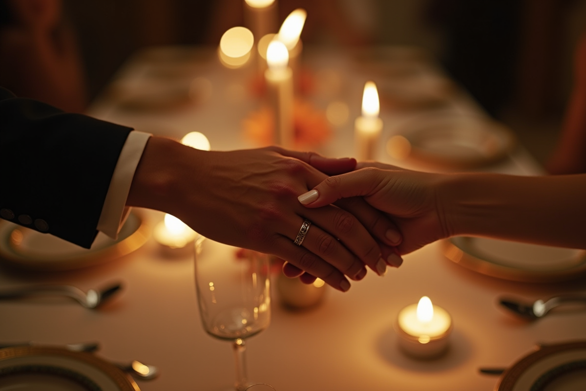 Mains portant des bagues de mariage sur une table de dîner romantique