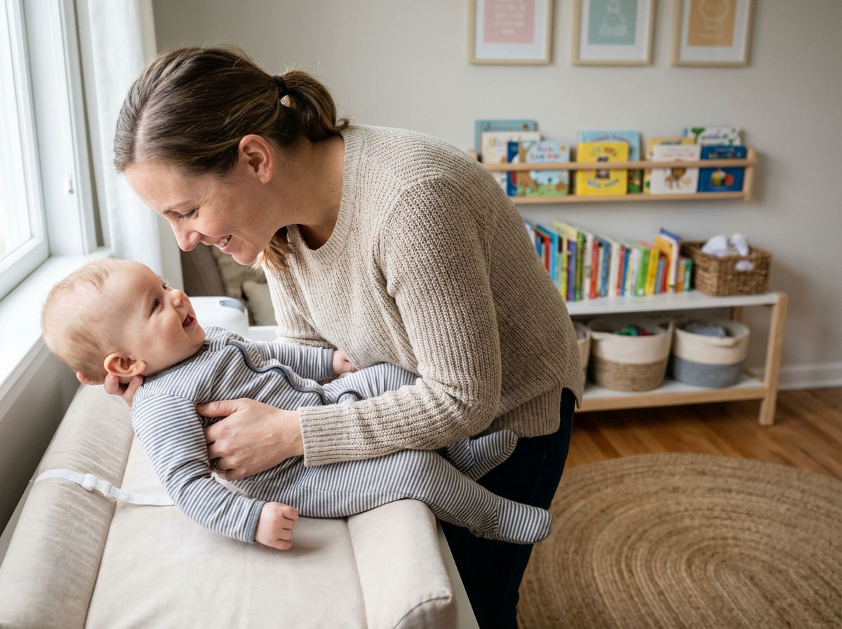 Maman relaxée changeant son bébé dans une nurserie chaleureuse