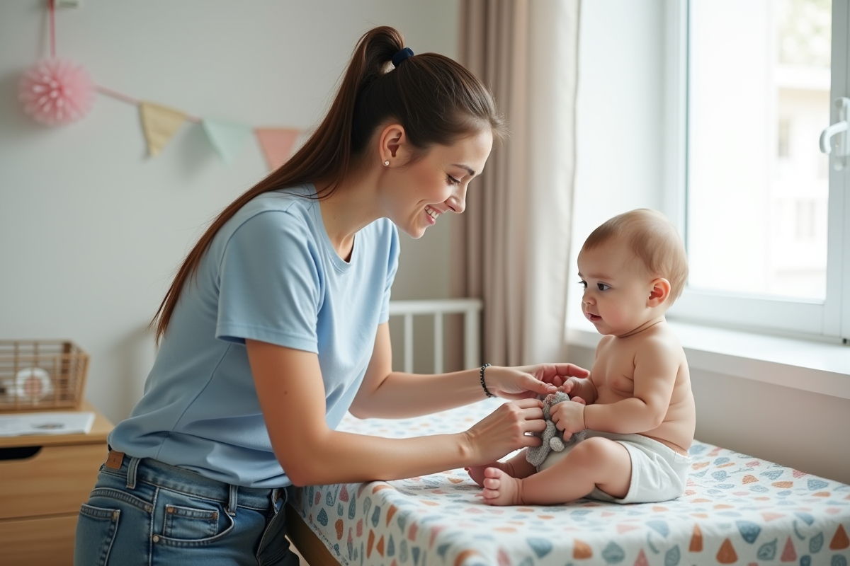 Maman souriante change son bébé dans une nurserie lumineuse