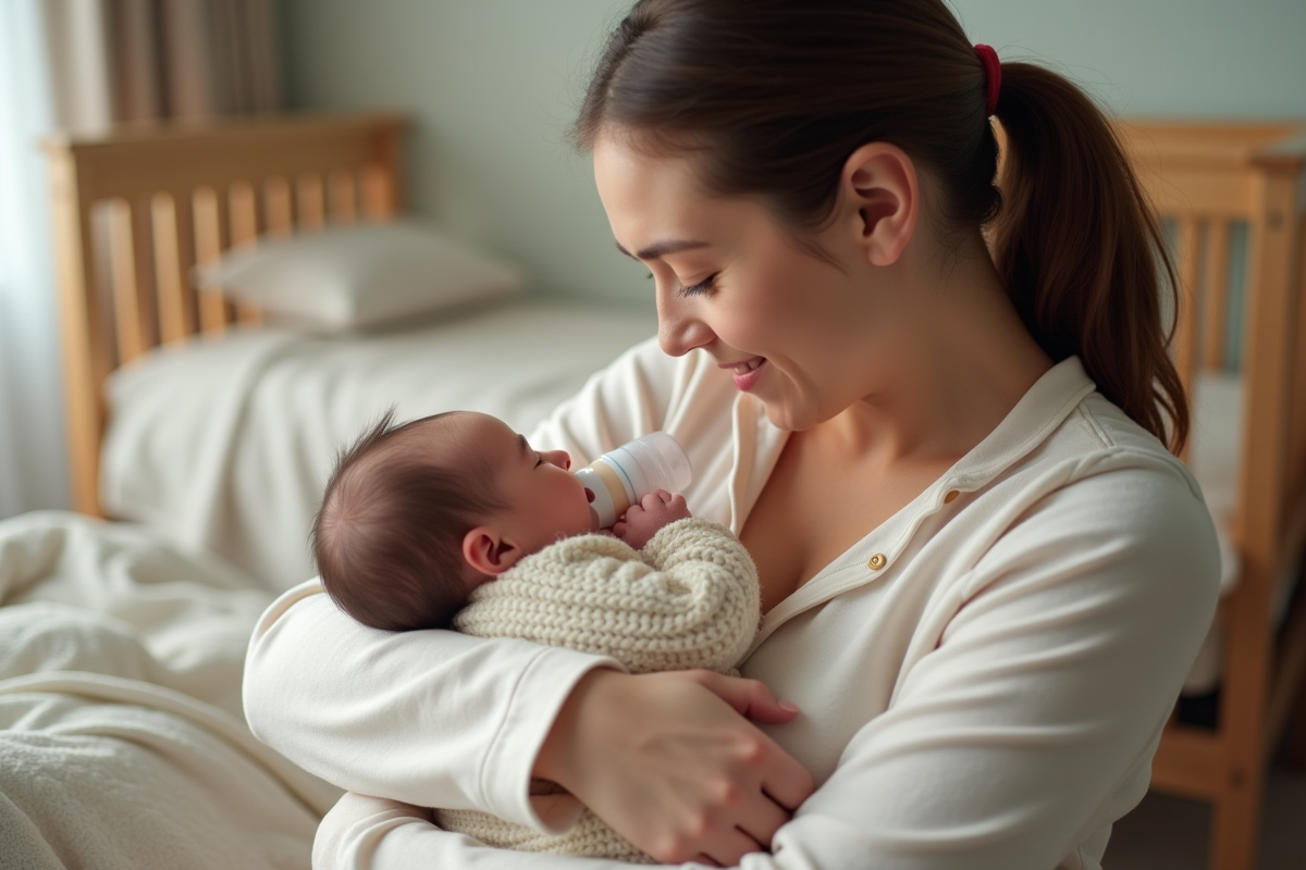 Jeune maman en pyjama berçant son bébé dans la chambre