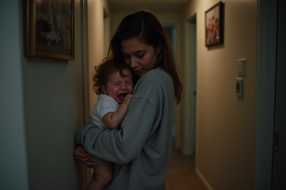 Maman réconforte son bébé dans le couloir