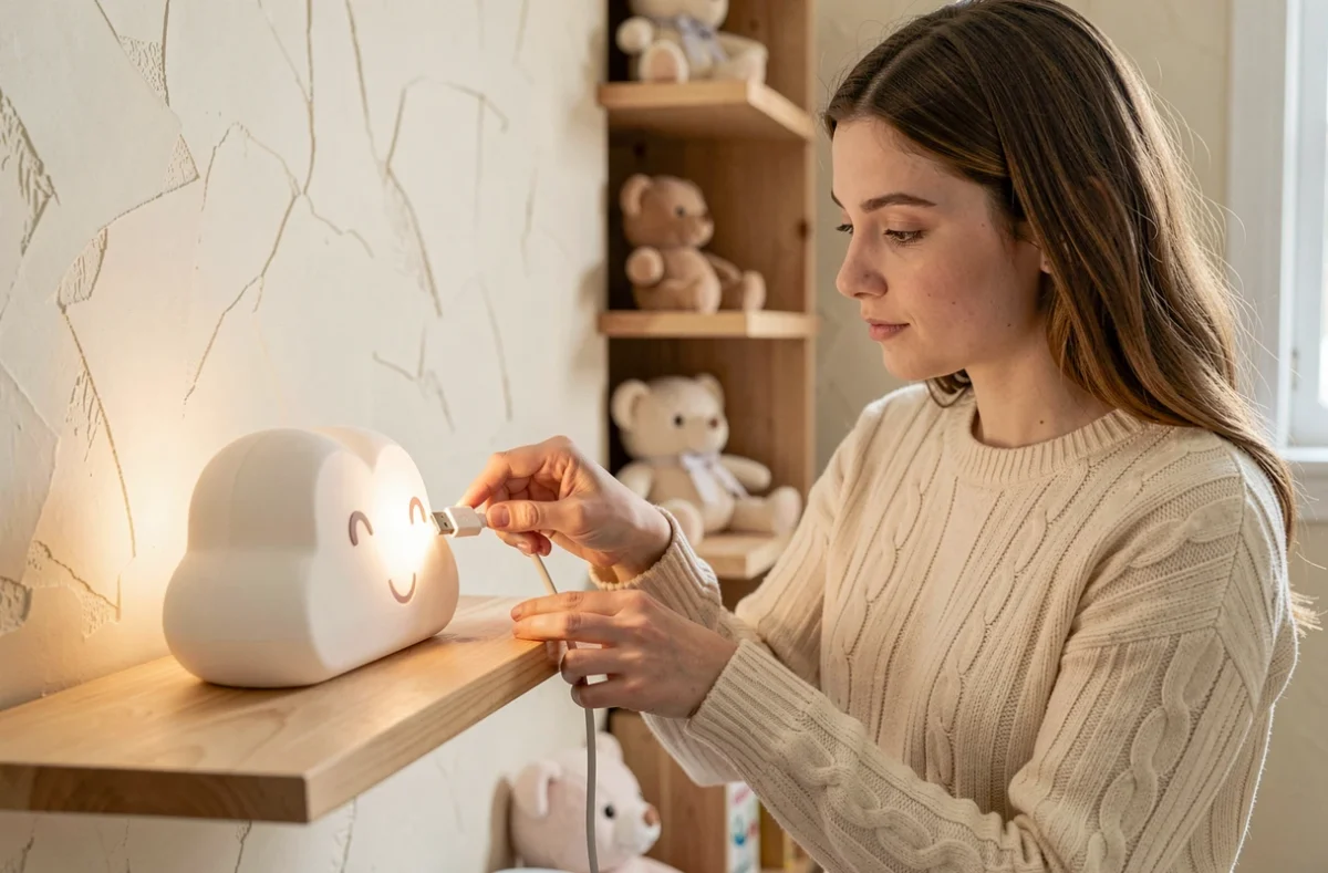 Maman branchant une veilleuse bébé personnalisée USB en forme de nuage sur une étagère de chambre enfant