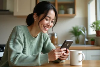 Jeune maman souriante qui découvre l'application Mama-bears sur son smartphone dans sa cuisine