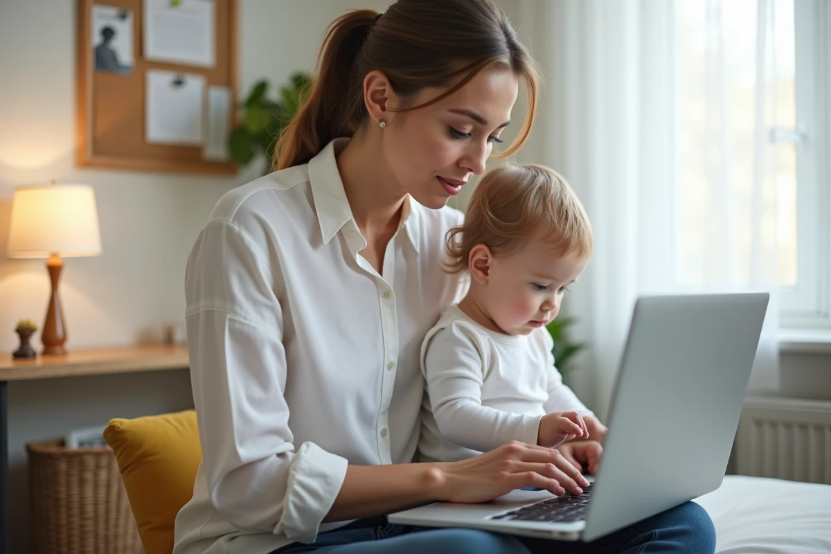 Maman avec son enfant sur les genoux utilisant l'application Mama-bears sur un ordinateur portable dans un bureau à domicile