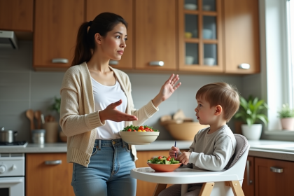 Maman préoccupée avec son enfant dans la cuisine familiale