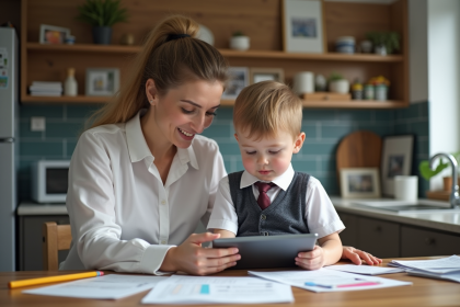 Maman et enfant regardent une tablette ensemble à la maison
