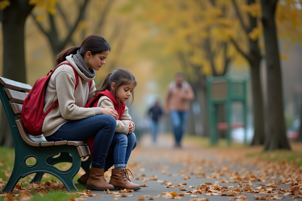 Maman rassurant sa fille anxieuse sur un banc de parc