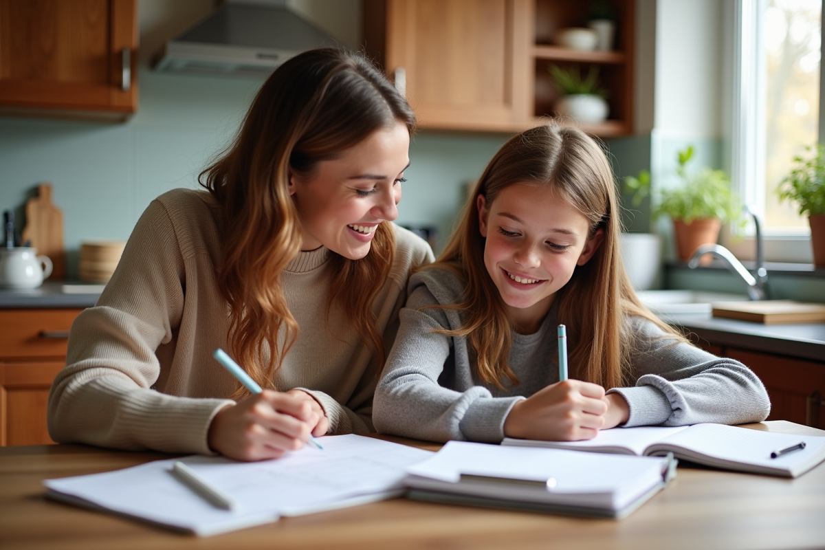 Maman et fille partageant des devoirs à la cuisine