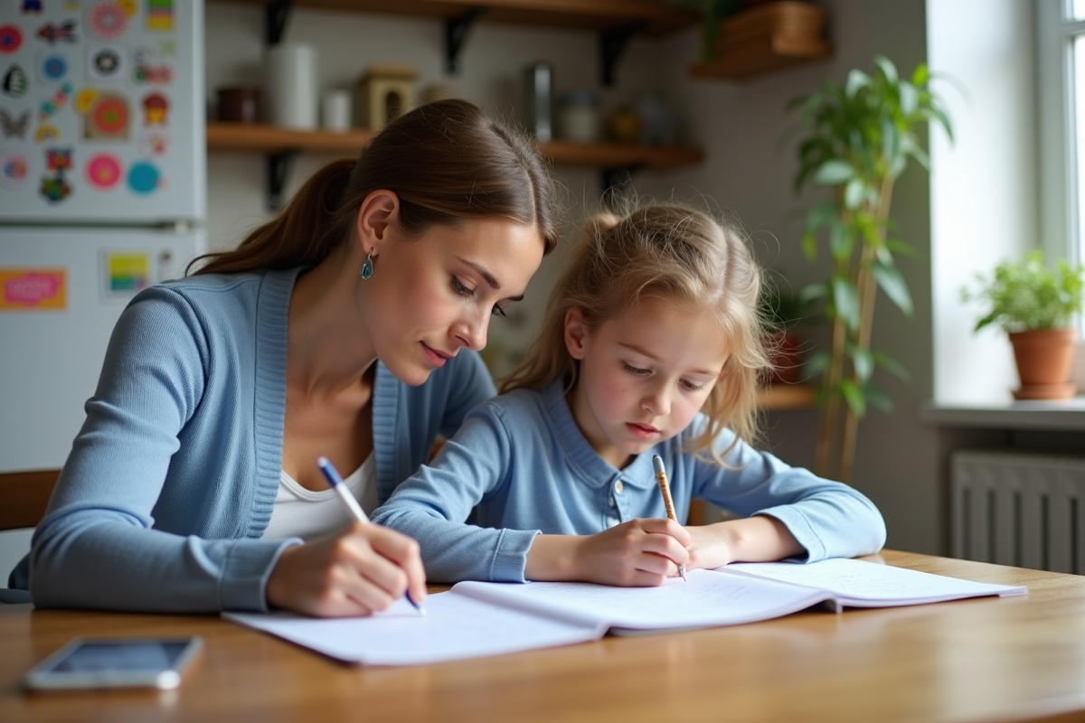 Maman et fille faisant des devoirs de maths à la cuisine