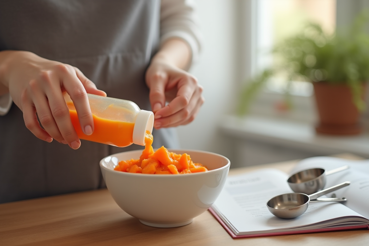 Maman verse purée de carottes dans un biberon avec livre de recettes