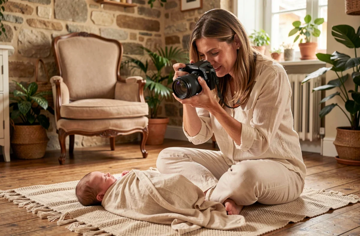 Maud Rochais photographiant un nouveau-né dans une ambiance chaleureuse et authentique à domicile