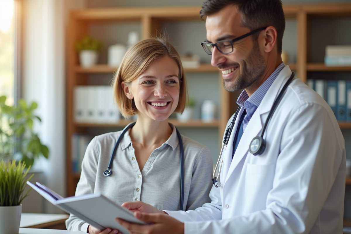 Médecin et parent souriants examinant un carnet de santé ensemble
