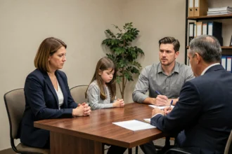 Scène de médiation familiale tendue avec deux parents en conflit et une enfant silencieuse assise entre eux face à un médiateur professionnel