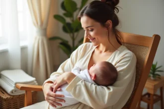 Jeune mère allaitant son nouveau-né dans un rocking-chair en bois dans une chambre douce et cosy, illustrant l'allaitement à la demande