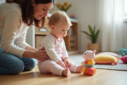 Mère soutenant tendrement sa fille de 14 mois dans un salon lumineux