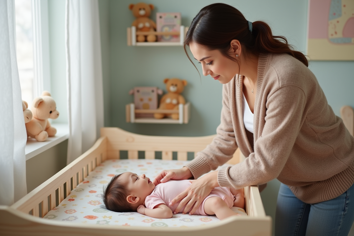 Mère vérifiant son bébé endormi dans un berceau pastel