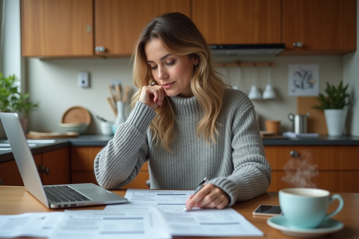 Mère célibataire consultant ses documents fiscaux à la table de cuisine, entourée de papiers administratifs et d'un ordinateur portable