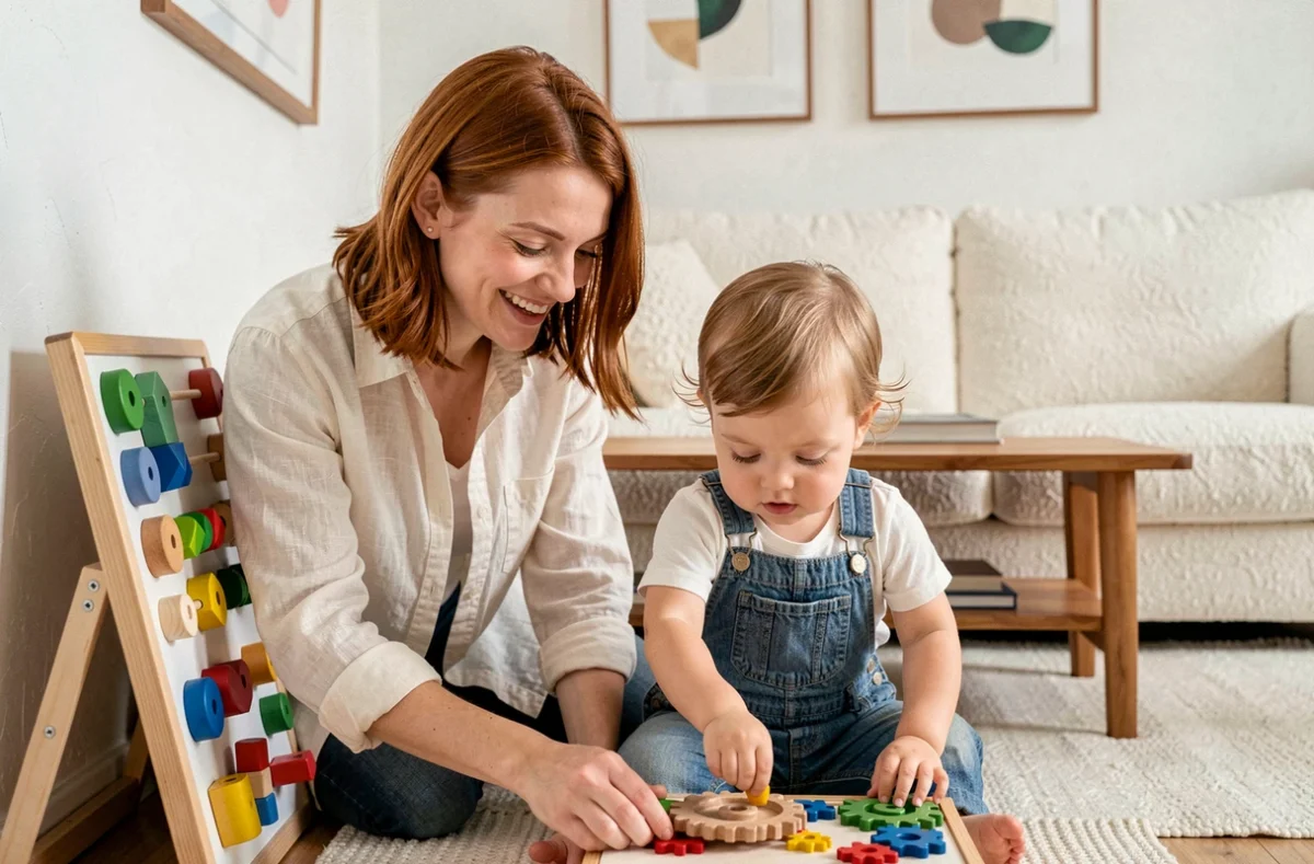 Mère et enfant en bas âge jouant ensemble avec une busy board Montessori colorée dans un salon cosy et lumineux