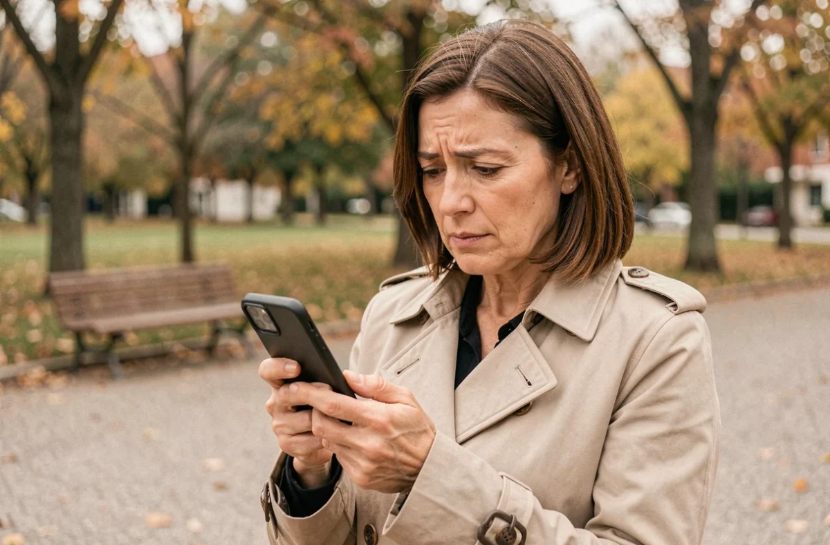 Mère vérifiant la localisation de son enfant via une application de traceur GPS sans abonnement dans un parc