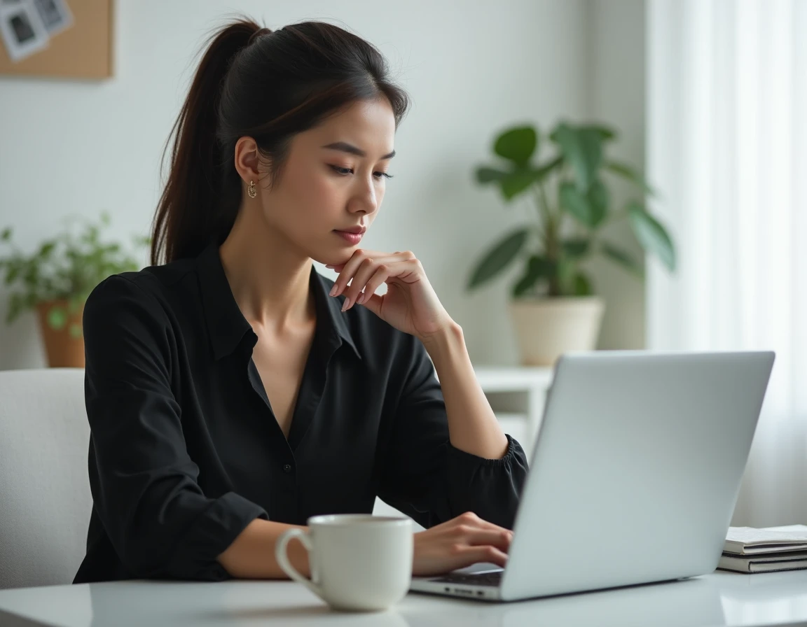 Femme réfléchissant avant d'écrire un message de condoléances sur son ordinateur portable