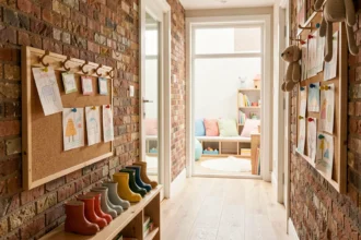 Couloir d'entrée chaleureux d'une micro-crèche dans le Nord avec crochets en bois à hauteur d'enfant et dessins colorés affichés