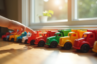 Miniature camions colorés pour enfants sur un sol en bois